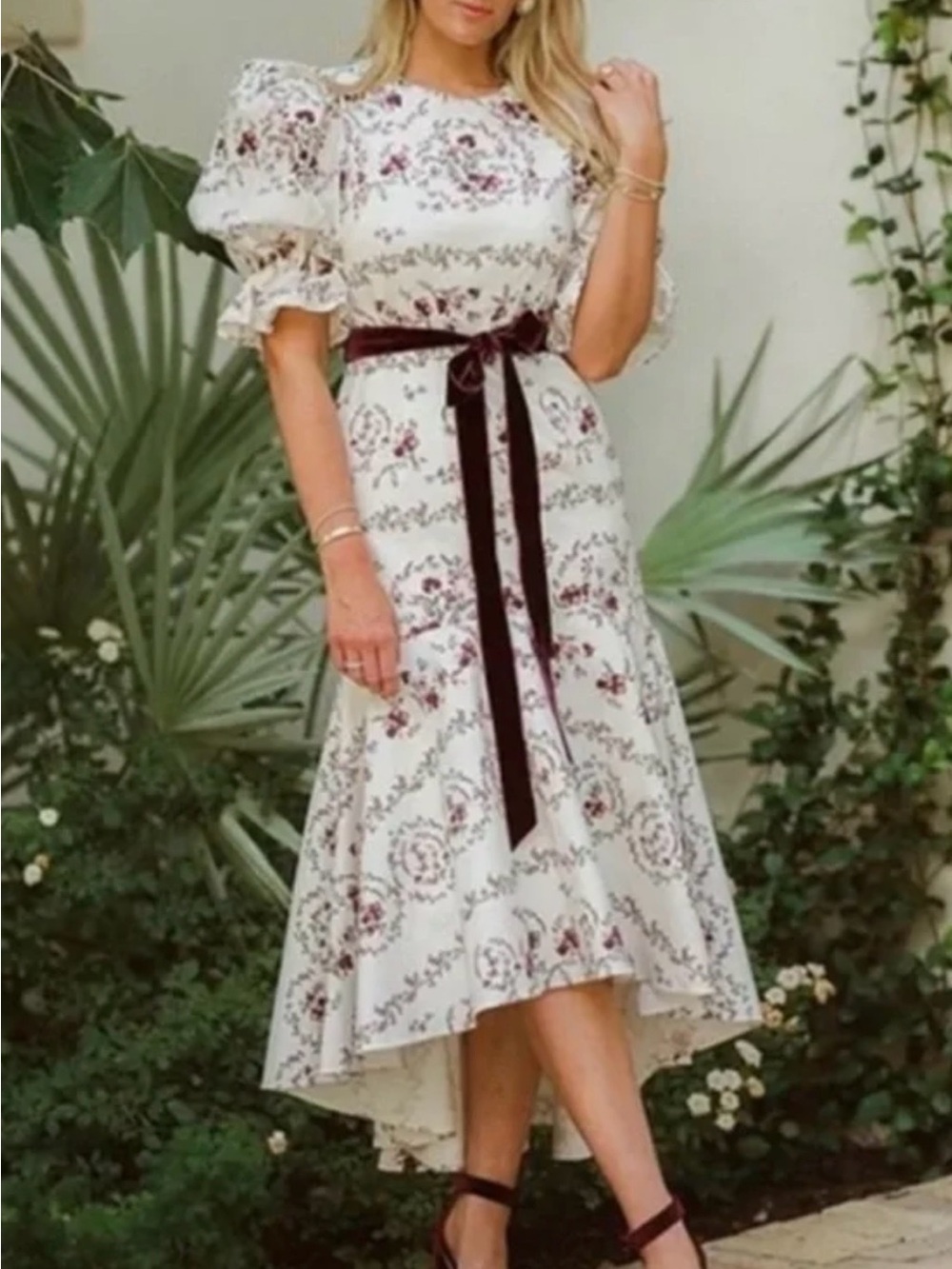 ANTONIO MELANI White Floral High-Low Midi Dress with Burgundy Velvet Tie